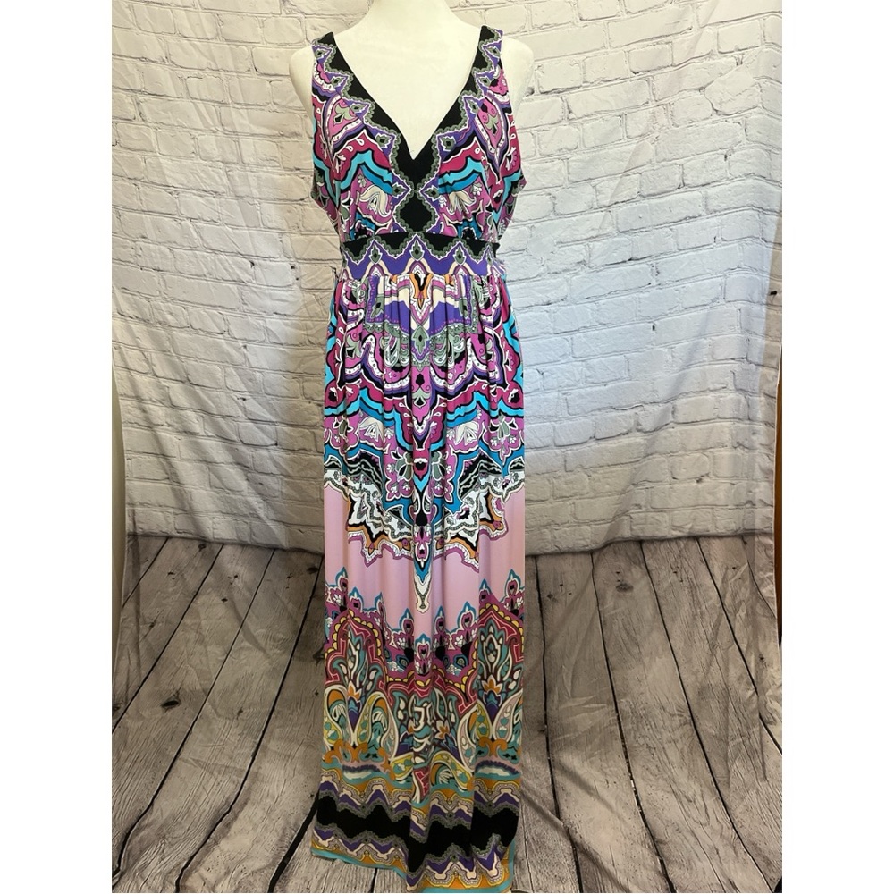 Eco New York bohemian multicolored sleeveless plunging v neck maxi dress size 10